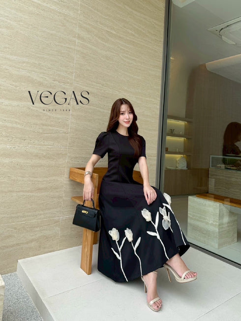 Women Elegant Pop Up Flower Puff Sleeves Long Dress